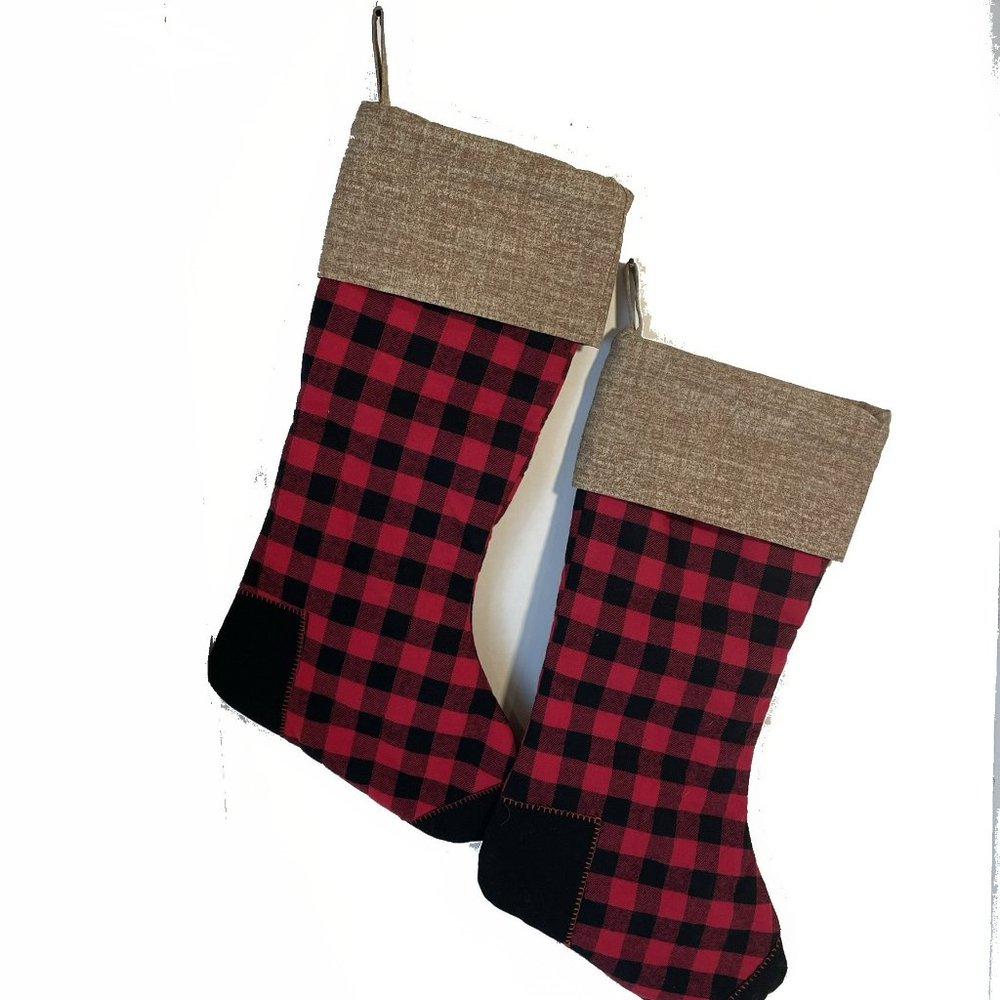 Pair of Buffalo Check Flannel & *Burlap Christmas Stockings